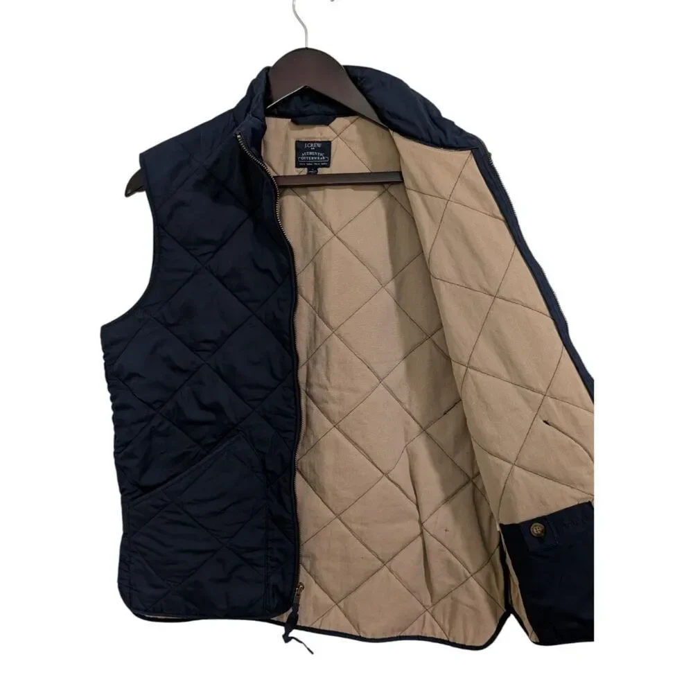 J.Crew Men's Authentic Outerwear Quilted Sussex Vest - Navy Blue & Tan Size S